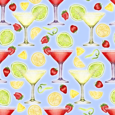 Elle çizilmiş suluboya ROM ve limonlu kokteyl ve margarita desenine mavi