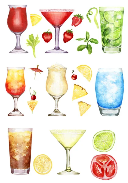 Handgezeichnetes Aquarell-Cocktailset mit Ergänzungen isoliert auf weißem Hintergrund — Stockfoto