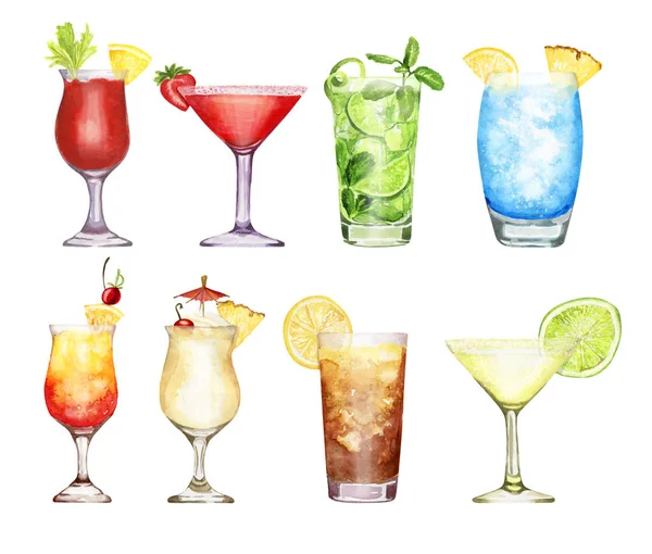 Set da cocktail acquerello disegnato a mano isolato su sfondo bianco — Foto Stock