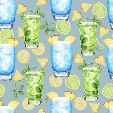 Elle çizilmiş suluboya mavi ve yeşil kokteyl seamless modeli mavi-gri arka plan üzerinde