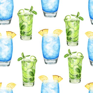 Elle çizilmiş suluboya mavi ve yeşil kokteyl Dikişsiz desen beyaz