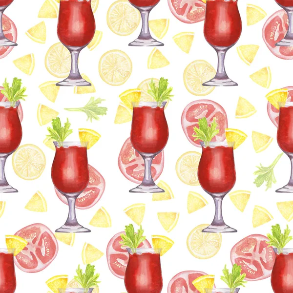 Hand drawn watercolor blood Mary cocktail seamless pattern on lemons and tomatoes