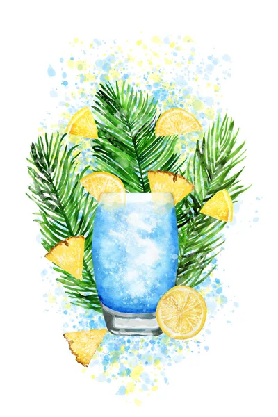 Hand drawn watercolor blue lagoon cocktail on paint splashes
