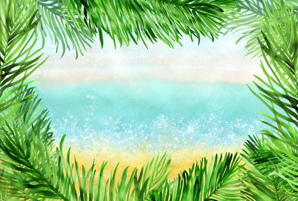 Akvarell horisontella stranden bakgrund med palm lämnar ram — Stockfoto
