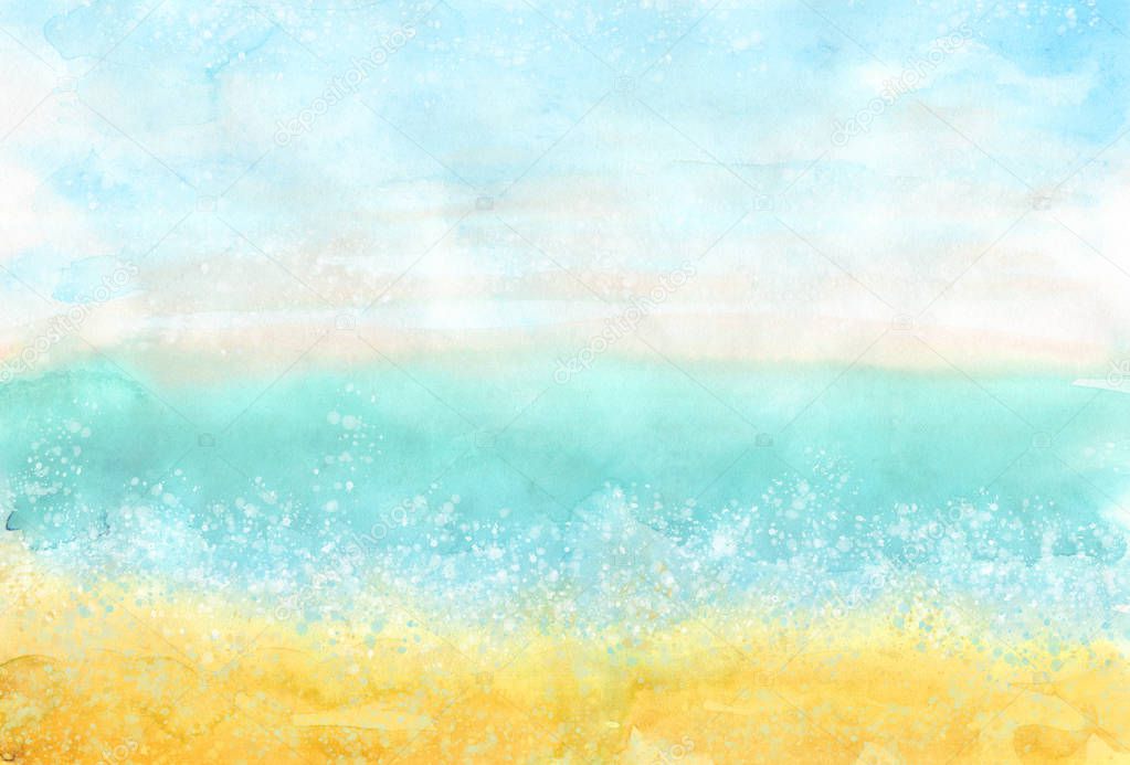 Watercolor horizontal colorful beach background for summer design