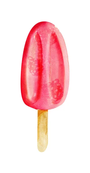 वाटर कलर उज्ज्वल लाल रास्पबेरी पॉपसिकल सफेद पर अलग — स्टॉक फ़ोटो, इमेज