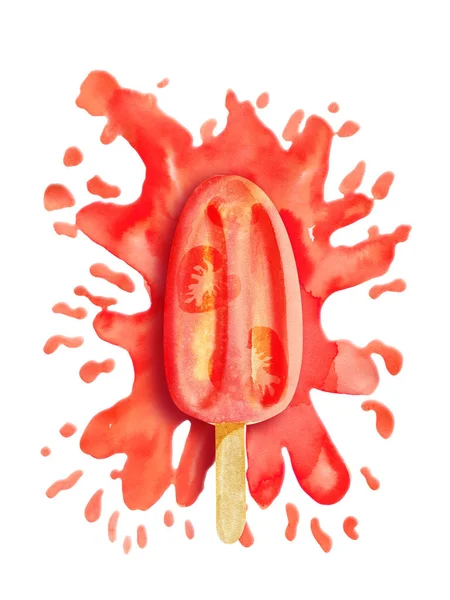 Акварель яркое клубничное фруктовое мороженое на брызги краски — стоковое фото