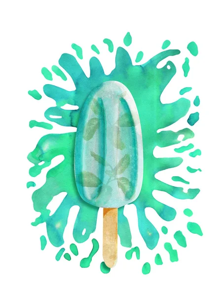 Akvarell ljusblå Mint Popsicle på Paint Splash — Stockfoto