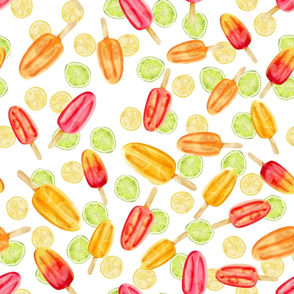 Aquarell leuchtend rot, gelb und orange Eis am Stiel nahtloses Muster auf Zitrusfrüchten — Stockfoto