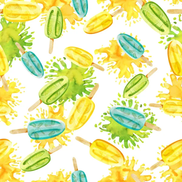 Aquarel helder groen, geel en blauw popsicle naadloos patroon op verf spots — Stockfoto