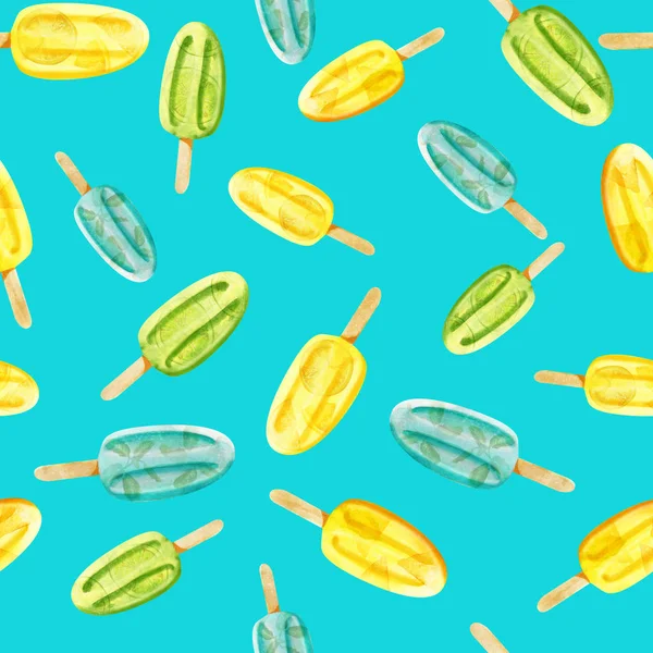 Akwarela jasny zielony, żółty i niebieski Popsicle bezszwowe wzór na turkusowy — Zdjęcie stockowe