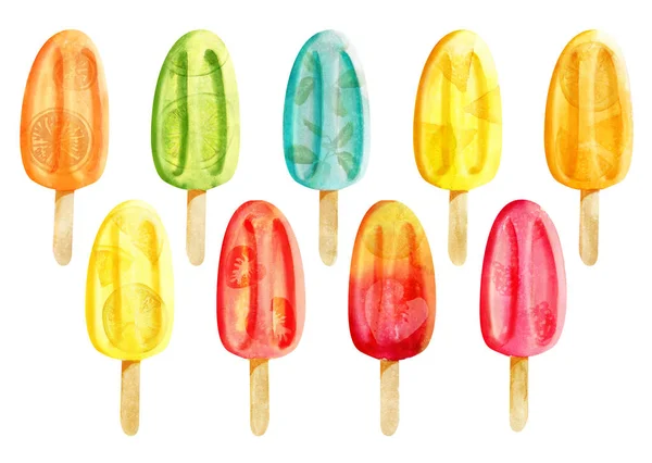 Watercolor set of bright popsicles with fruits isolated on white — Stock Photo, Image