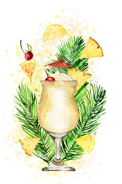 Hand drawn watercolor Pina colada cocktail on paint splashes