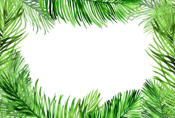 Горизонтальная рамка акварели с пальмовыми листьями на белом — стоковое фото