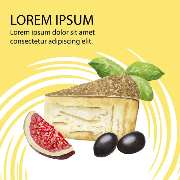 Modelo de design com queijo gruyere aquarela no fundo amarelo — Fotografia de Stock