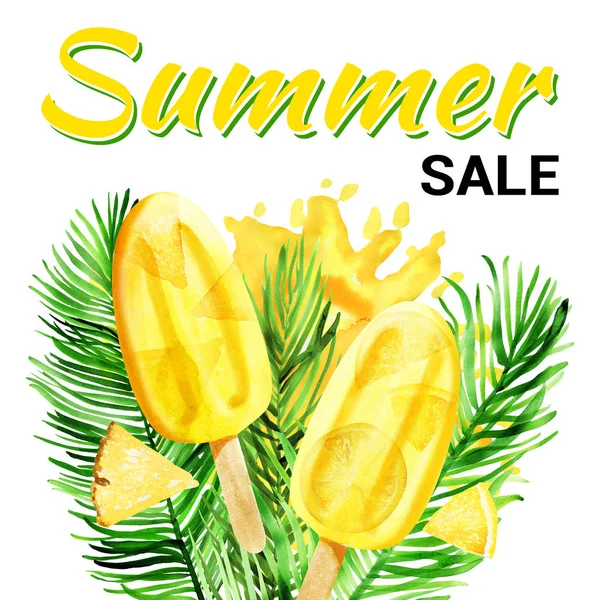 Letni projekt wyprzedaży z żółtym Popsicle i liści palmowych — Zdjęcie stockowe