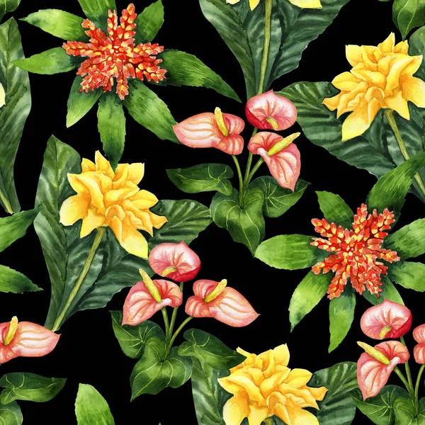 Aquarell helle botanische tropische florale nahtlose Muster auf schwarz — Stockfoto