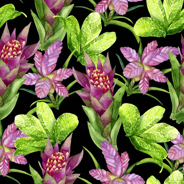 Aquarell helles tropisches Grün und lila nahtloses Muster auf Schwarz — Stockfoto
