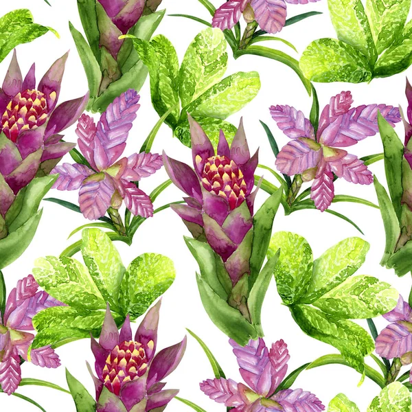 Aquarel heldere tropische groene en paarse naadloze patroon — Stockfoto