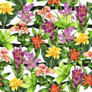 Siyah çizgili suluboya parlak tropikal dikişsiz desen