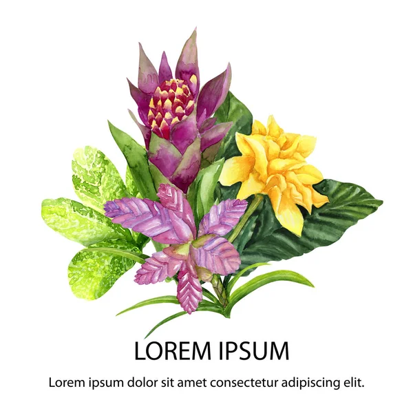 Akvarel zářící tropická zelená a fialová kytice — Stock fotografie