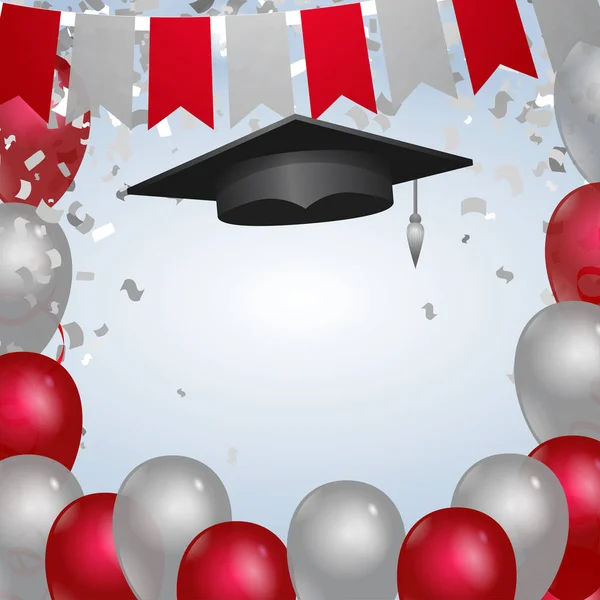 Kap ve balonlar ile kırmızı ve gümüş mezuniyet şablonu — Stok Vektör