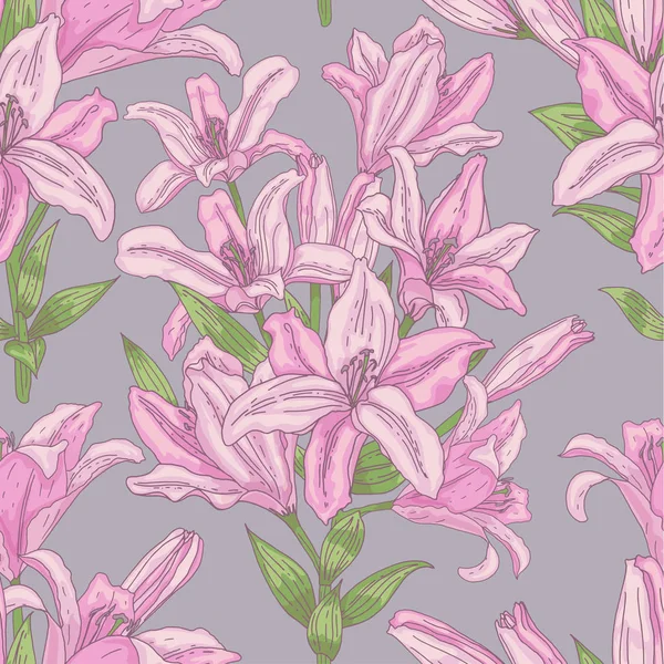 Seamless pattern with tender pink lilies on grey background — Stock Vector