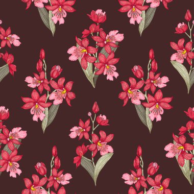 Kahverengi arka plan üzerinde parlak orkide dikişsiz desen