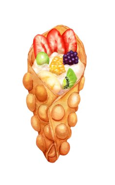 Watercolor sweet bubble waffle with cream and fresh fruits clipart