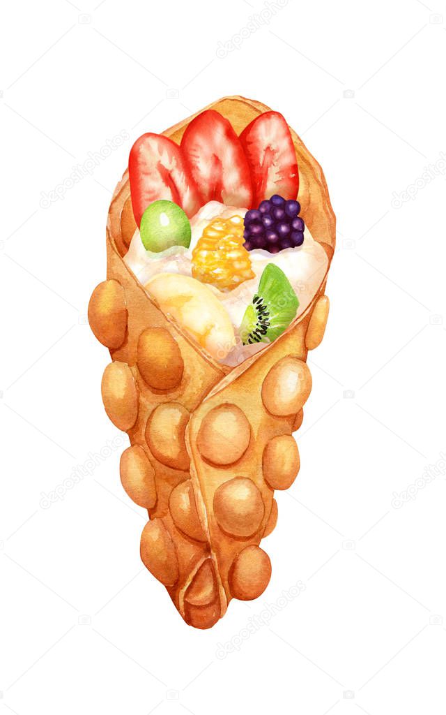Watercolor sweet bubble waffle with cream and fresh fruits