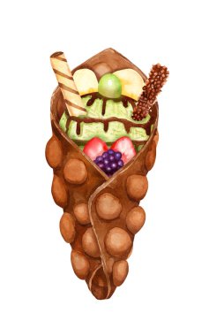 Fıstık lı dondurma ve taze meyveli suluboya çikolata tatlı kabarcık waffle