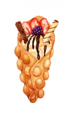 Dondurma ve taze meyve ile suluboya tatlı kabarcık waffle