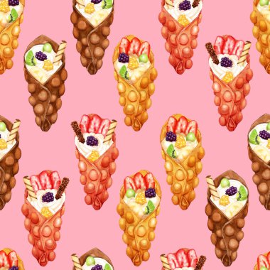 Pembe krem şanti ve taze meyve ile tatlı kabarcık waffle Suluboya deseni