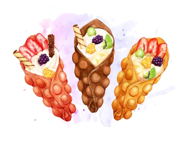 Composição aquarela de waffles bolha doce com chantilly e frutas frescas em salpicos de tinta — Fotografia de Stock