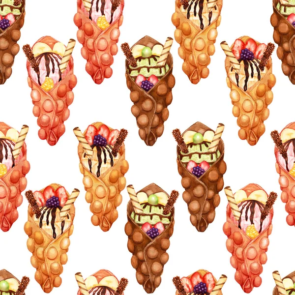 Akvarell mönster av söta bubbla våfflor med glass och färsk frukt — Stockfoto