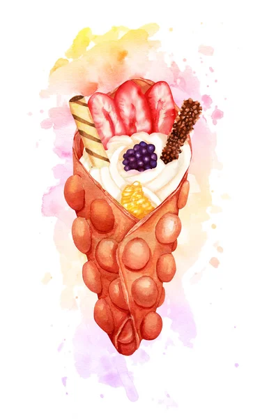 Waffle de bolha de morango doce aquarela com creme e frutas frescas com salpicos de tinta — Fotografia de Stock