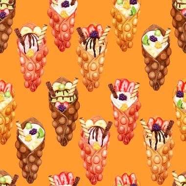 Portakal krem ve taze meyve ile tatlı kabarcık waffle Suluboya deseni