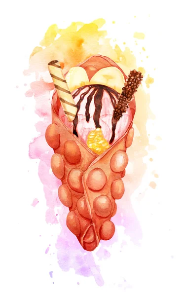 Waffle de bolha doce de morango aquarela com sorvete rosa e frutas frescas com salpicos de tinta — Fotografia de Stock
