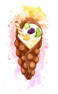 Boya sıçramaları ile krem şanti ve taze meyve ile suluboya çikolata tatlı kabarcık waffle