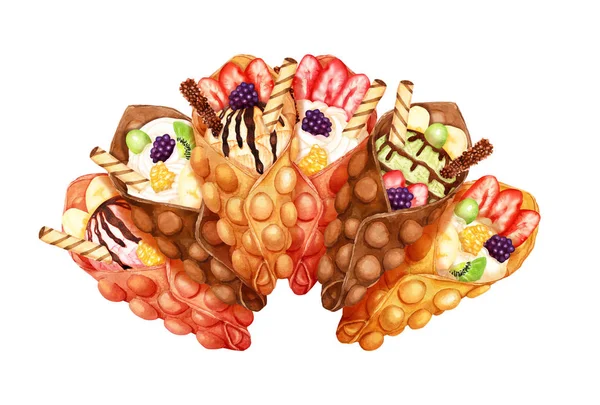Composición acuarela de gofres de burbuja dulce con crema y frutas frescas — Foto de Stock