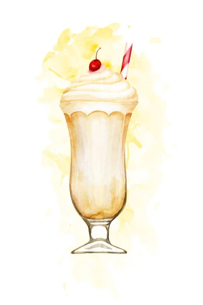 Akwarelowe Milkshake wanilii ręcznie rysowane ilustracji na żółte plamy farby — Zdjęcie stockowe