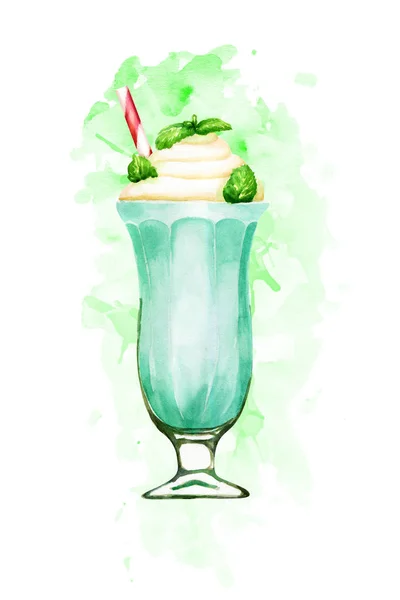 Aquarel Mint milkshake hand getekende illustratie op groene verf spatten — Stockfoto