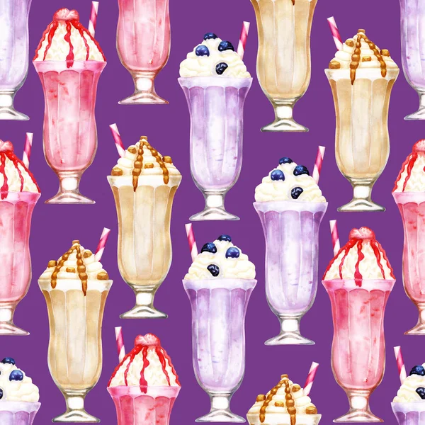 Akvarell sömlöst mönster med milkshake på violett — Stockfoto