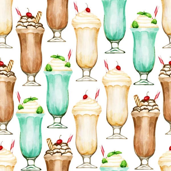 Akvarell sömlösa mönster med milkshake på vit — Stockfoto