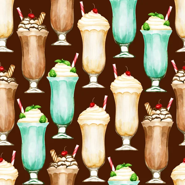 Akvarell sömlöst mönster med milkshake på mörkbrun — Stockfoto