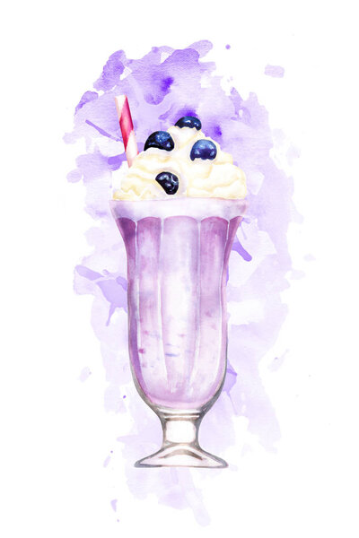 Watercolour blueberry milkshake hand drawn illustration on pink paint splashes