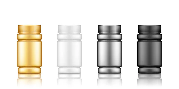 Gold, silver, black, white supplement or medicine pills bottle mockup — Stock Vector
