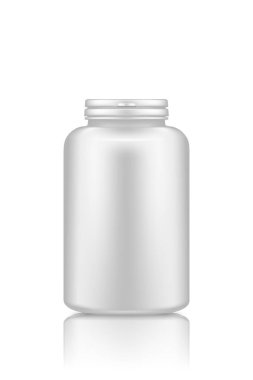 İlave ya da ilaç hapları. Plastik şişe, beyaz arka planda izole edilmiş.