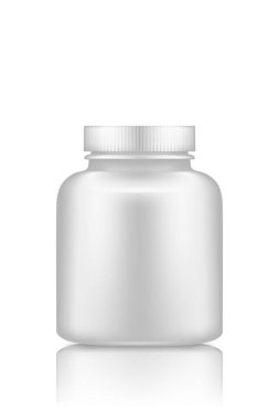 İlaç ya da takviye hapı. Plastik şişe maketi beyaz arka planda izole edilmiş.