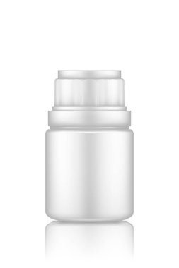 İlaç ya da takviye hapı şişesi beyaz arka planda izole edilmiş.